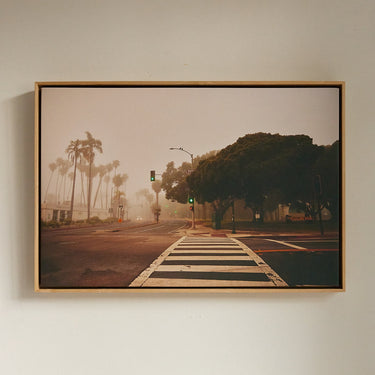 Framed photograph of a street with palm trees and a crosswalk on a wall.