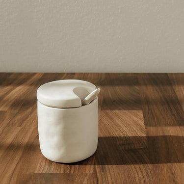 Stoneware Cellar & Spoon, White - Mararamiro